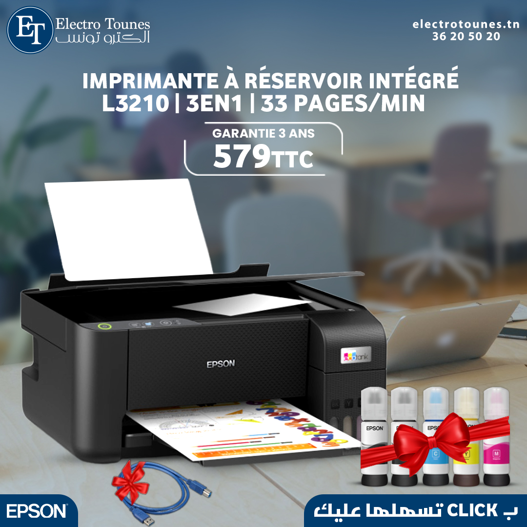 IMPRIMANTE À RÉSERVOIR INTÉGRÉ EPSON ECOTANK L3210 3EN1 COULEUR NOIR